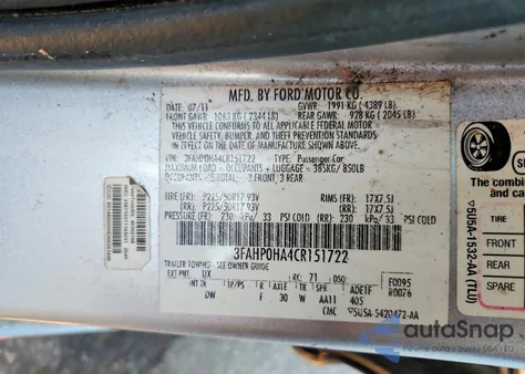 2012 Ford Fusion Se z USA, uszkodzony, nr VIN 3FAHP0HA4CR151722